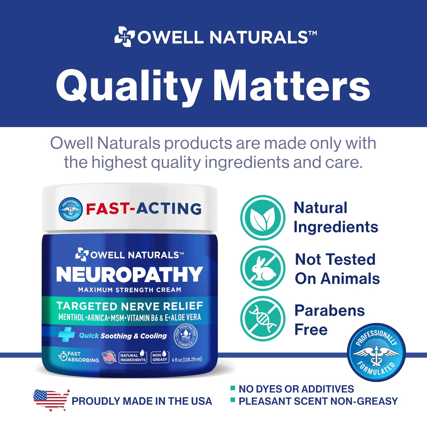 Owell Naturals Neuropathy Cream Extra Strength – Fast Absorbing Cooling for Leg, Feet & Hands – Advanced Soothing Formula with Aloe Vera, Arnica, MSM & Vitamin B6 – Made in USA, 2 fl oz