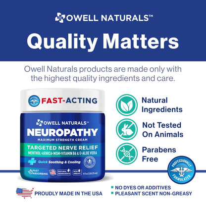 Owell Naturals Neuropathy Cream Extra Strength – Fast Absorbing Cooling for Leg, Feet & Hands – Advanced Soothing Formula with Aloe Vera, Arnica, MSM & Vitamin B6 – Made in USA, 2 fl oz