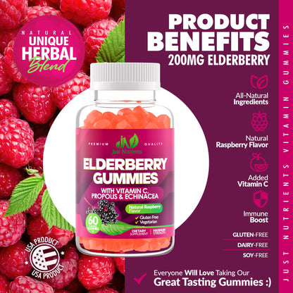 Elderberry 200mg Gummies with Vitamin C, Echinacea, Propolis (100 count) | Immune Support for Adults & Kids - Maximum Strength, Great Tasting Raspberry Flavor - Gluten-Free, Vegan