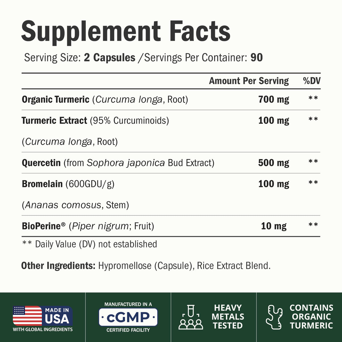 Quercetin with Bromelain Turmeric Curcumin Allergy Supplement - 60 Capsules