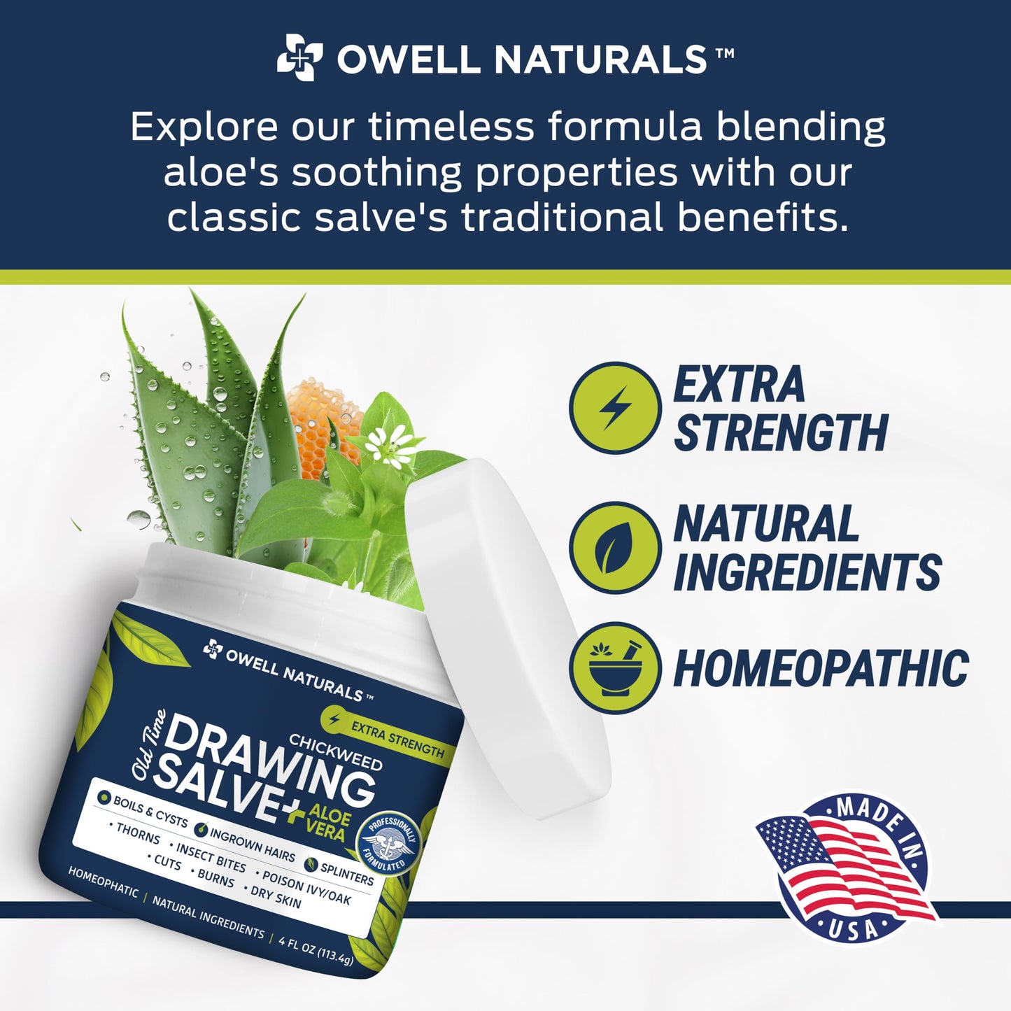 Owell naturals Chickweed Drawing Salve with Aloe Vera for boils, Cyst, Splinters, Poison Ivy/Oak, Skin Disorder, Irritations, Burns, Minor Cuts, Dry Skin, Itching