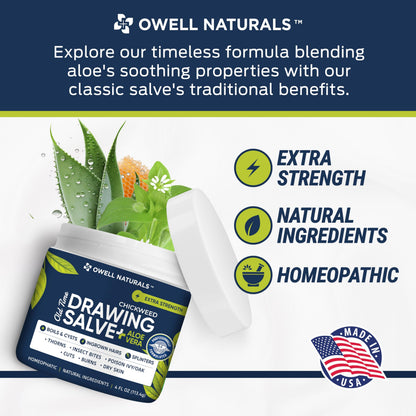 Owell naturals Chickweed Drawing Salve with Aloe Vera for boils, Cyst, Splinters, Poison Ivy/Oak, Skin Disorder, Irritations, Burns, Minor Cuts, Dry Skin, Itching