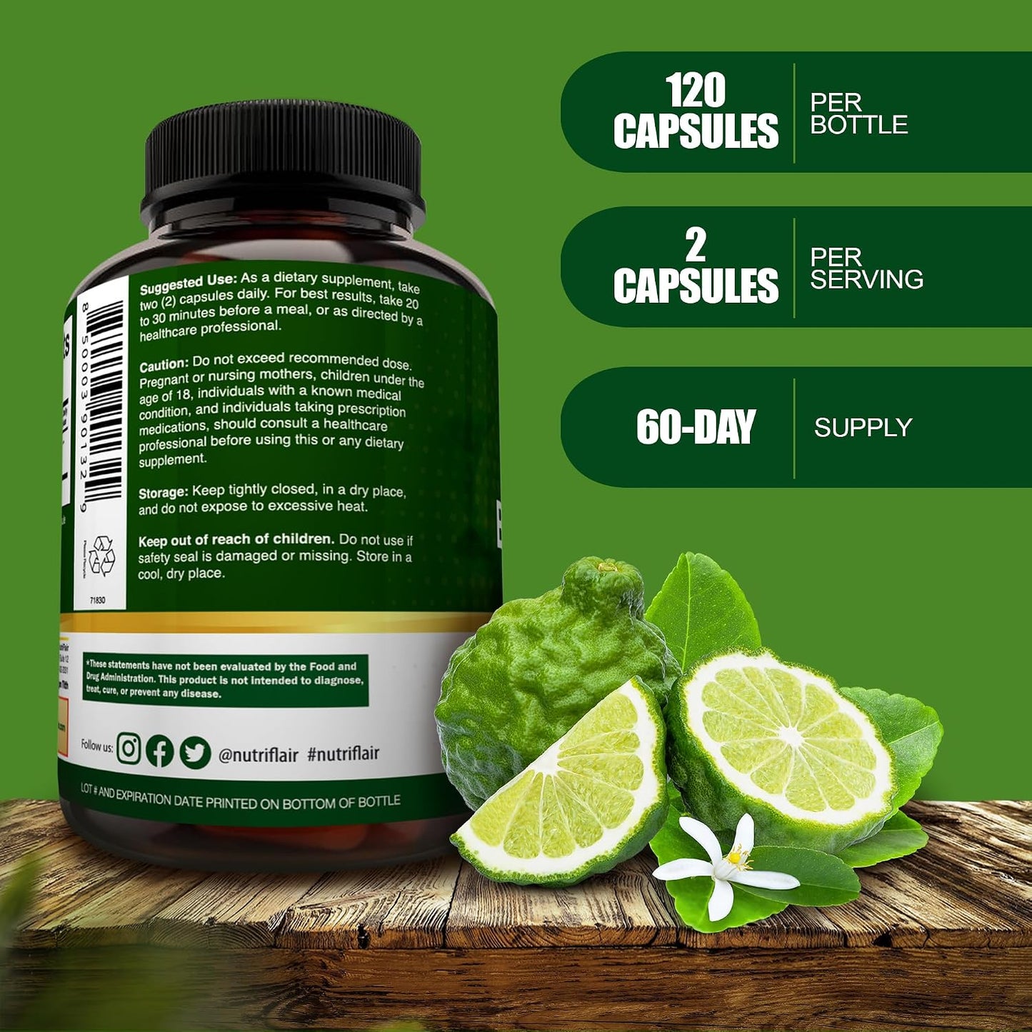 NutriFlair Organic Citrus Bergamot 1400mg, 120 Capsules - 25:1 Bergamia - Essential Oil and Citrus Bioflavonoids - Natural Heart Health Supplements for Women and Men - Non-GMO Pills