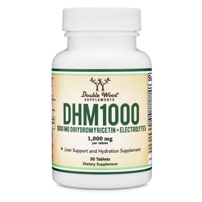 DHM1000 Dihydromyricetin (DHM) Tablets - Most Powerful DHM Supplement on The Market - 1,000mg per Capsule (30 Count) Enhanced with Electrolytes for Hydration and Liver Support by Double Wood