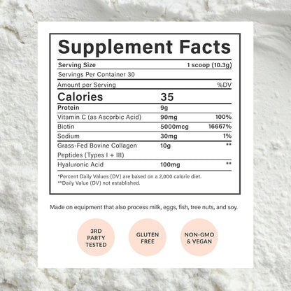 BEAM Collagen Powder, Collagen for Women, Collagen with Hyaluronic Acid, Collagen Peptides Type 1 and 3, with Biotin, Grass Fed Bovine, Third-Party Tested, Best for Coffee, Vitamin C, 30 Servings