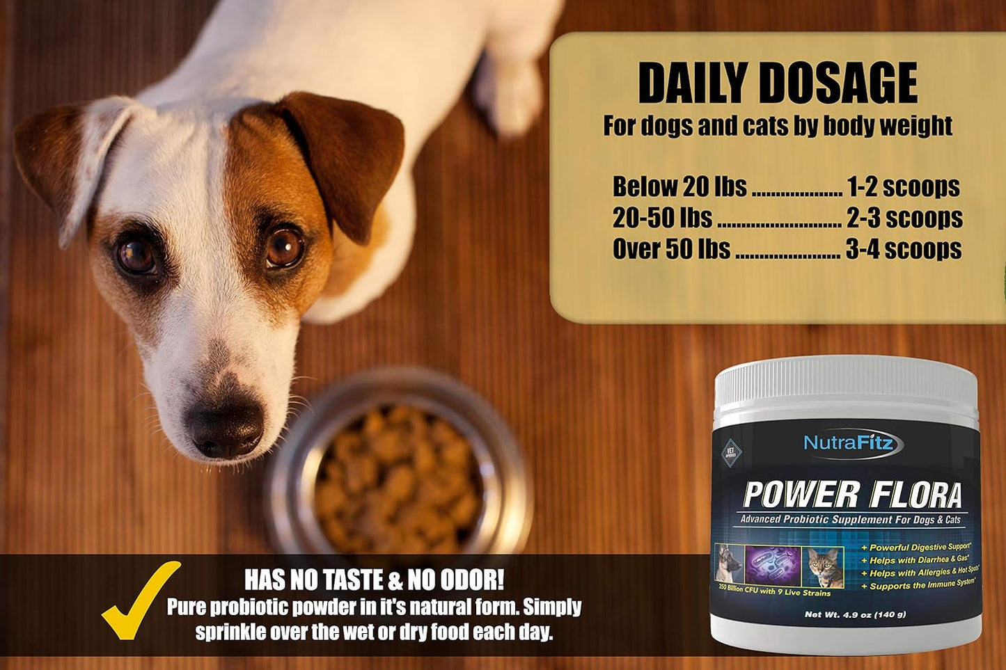 Power Flora - Probiotics for Dogs and Cats with 9 Live Strains - Dog Probiotics Improves Dog Breath, UTI, Diarrhea, Constipation, Skin Allergy, Hot Spots - Odorless Powder - 350 Billion CFU/jar