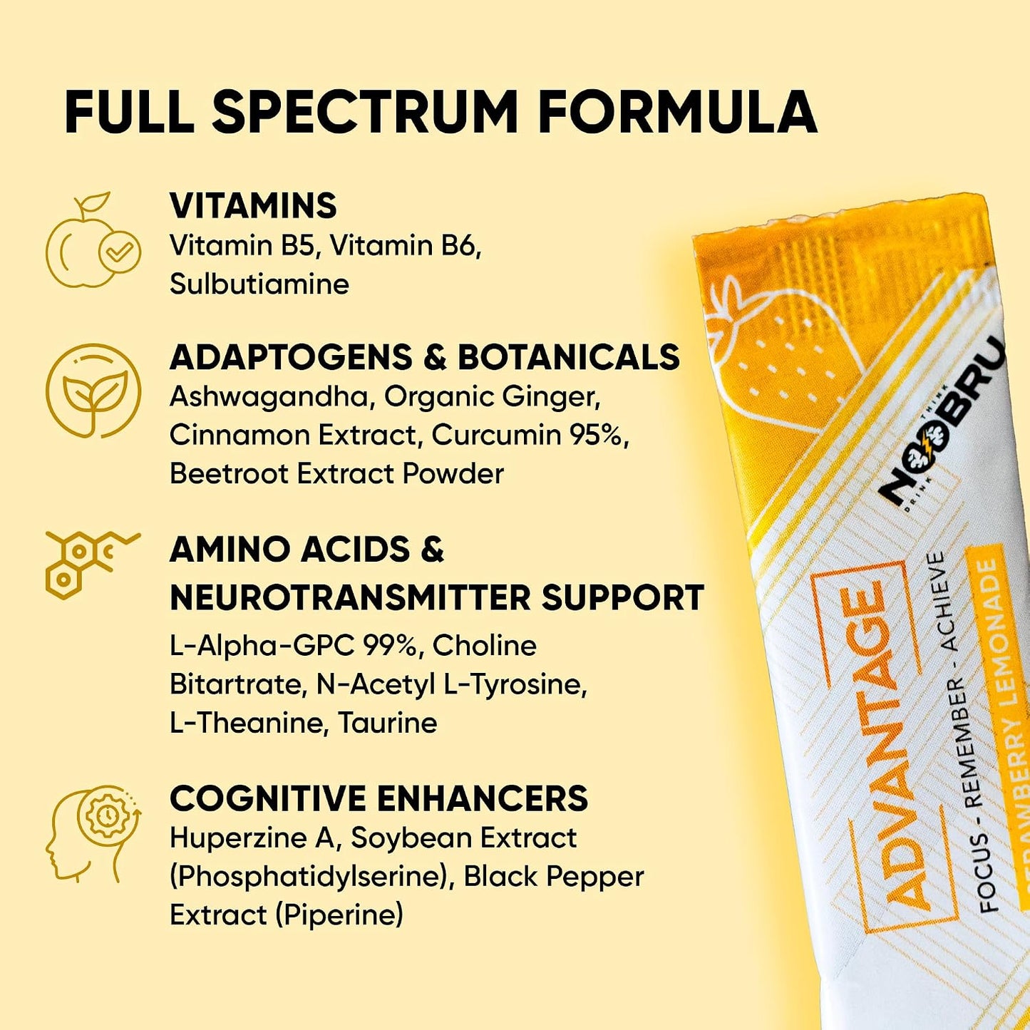 Noobru Аdvantage Nootropic - Delicious Nootropics Brain Supplement with 11 Active Ingredients - Natural Cognitive Enhancer - 20 Strawberry Lemonade Sachets - 1 Month Supply, 20 Count (Pack of 1)