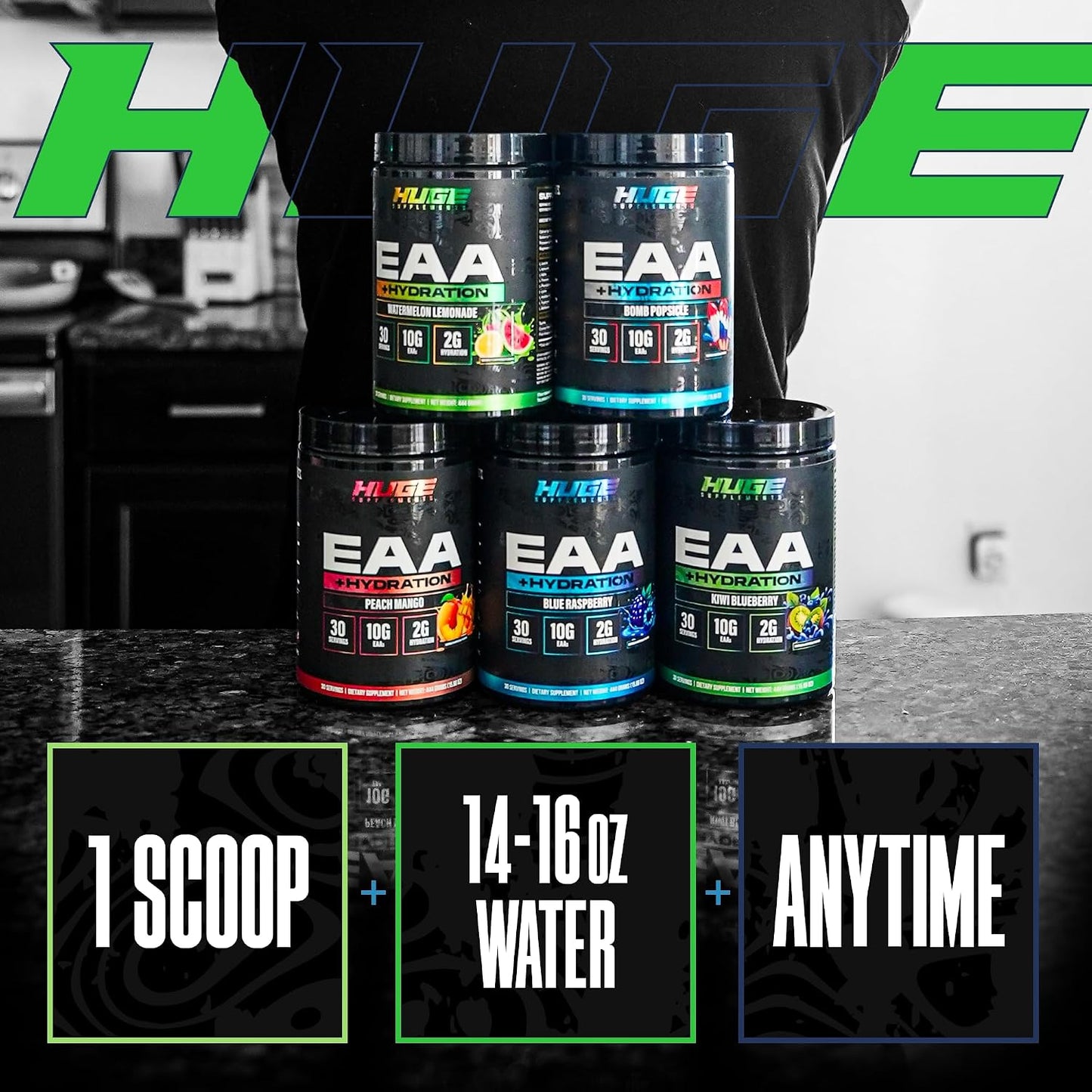 Huge EAA + Hydration, Essential Amino Acids Powder, EAAs & BCAAs, Intra & Post Workout Recovery Powder, Muscle Growth, Recovery & Performance, 10g EAAs & Electrolytes, Kiwi Blueberry, 30 Servings