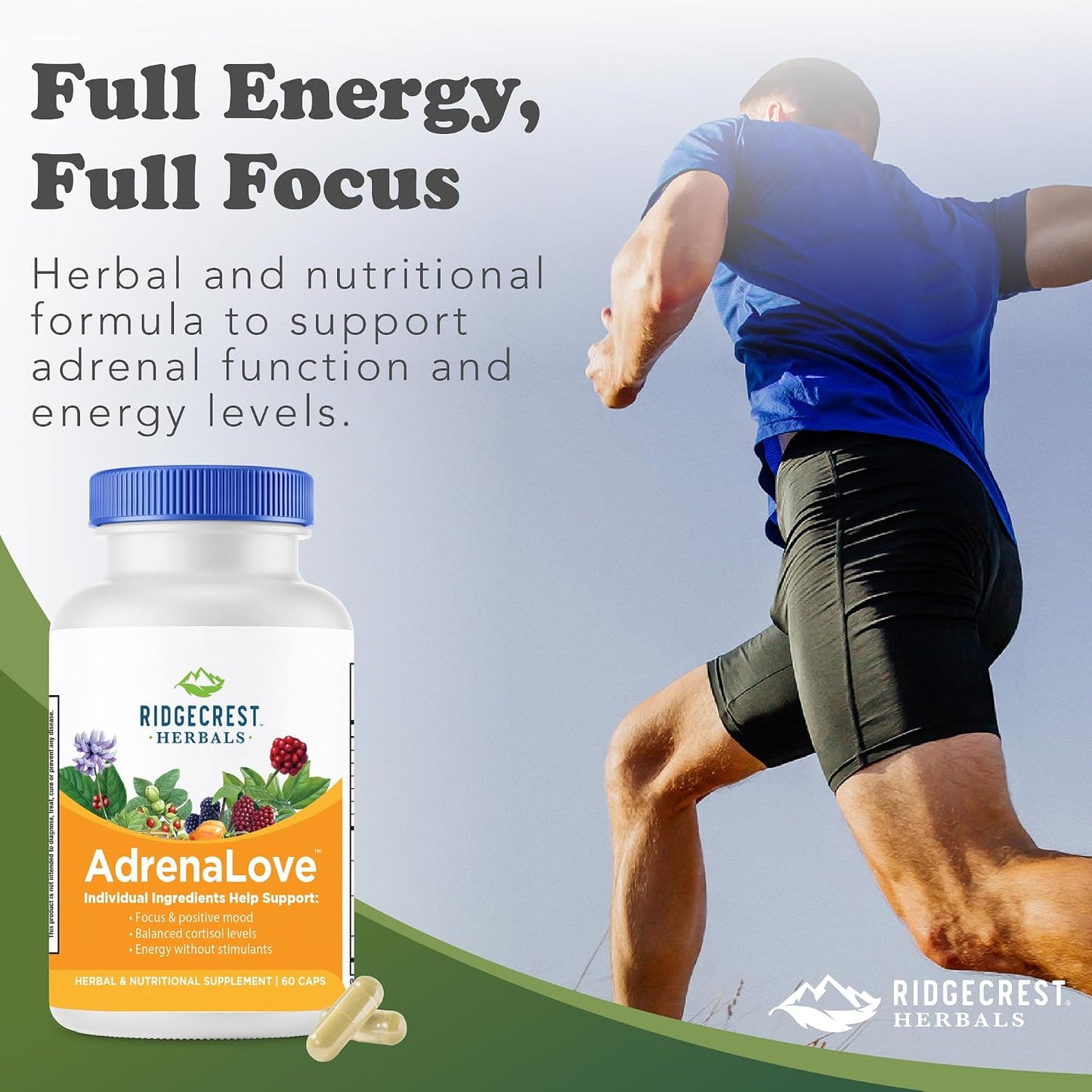 RidgeCrest Herbals AdrenaLove Adrenal Stress and Energy Support 60 Ct | 30 Servings, Vegan Capsules, Ashwagandha Blend, Natural Energy and Mood Support, Adaptogen Formula, Cortisol Balance