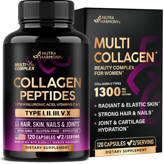 Multi Collagen Peptides - Hydrolyzed Types I, II, III, V & X - Collagen Supplement for Women 1300mg - w/ Hyaluronic Acid, Vitamins C & E - Skin, Hair, Nails & Joint Support - Lab Tested - 120 Capsules