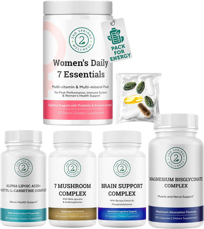 Women’s Daily 7 Essentials + ALA & ALC Complex + 7 Mushroom Complex + Brain Support + Magnesium Bisglycinate Bundle | Energy, Focus, Immunity, Cognitive Support & Daily Wellness