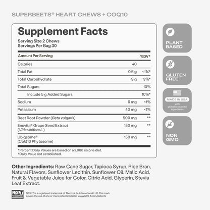 HumanN SuperBeets 3-in-1 Heart Chews - 3X Absorption CoQ10 - Plus Beetroot & Grape Seed Extract, Blood Pressure Support, Support Healthy Blood Flow, Circulation, 60 Count