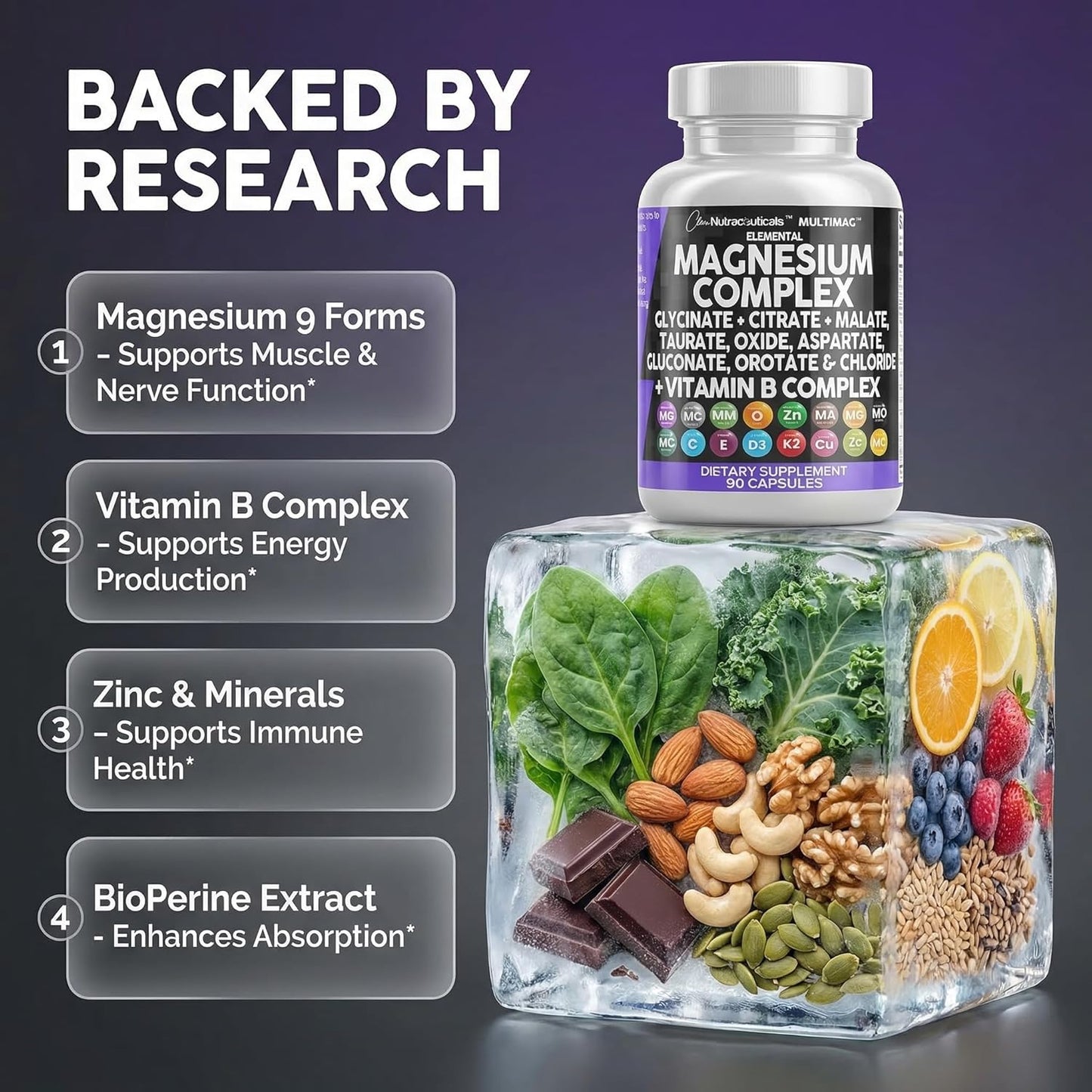 Clean Nutraceuticals Magnesium Complex with Magnesium Glycinate Citrate Malate Oxide Taurate Aspartate Orotate & Mag Chloride, Zinc Copper Manganese & Vitamin C B1 B2 B6 B12 Complex - 1Pack