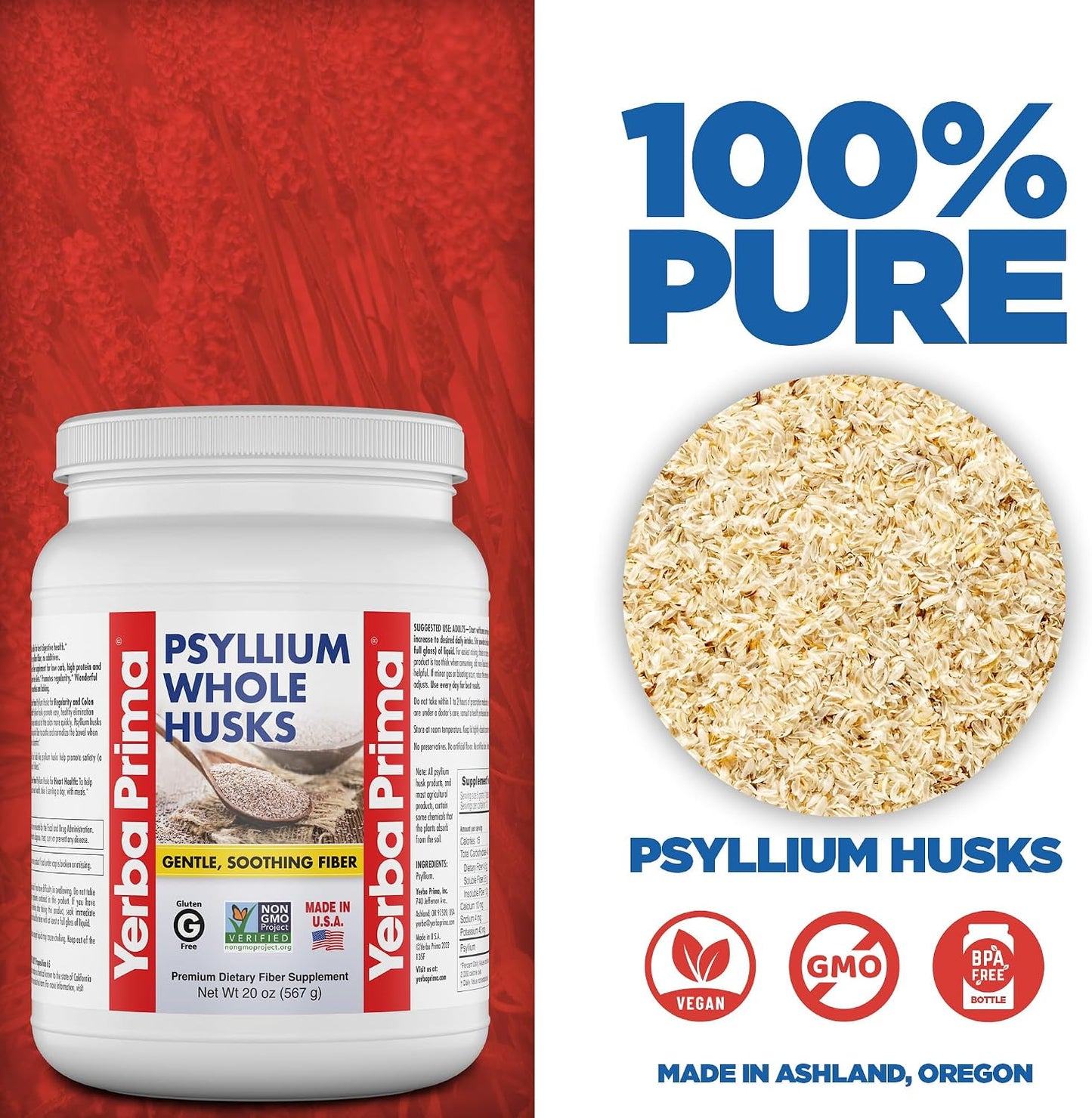 Yerba Prima Psyllium Whole Husks Fiber Supplement 20oz - Colon Cleanse - Gut Health - Vegan Non-GMO Gluten Free