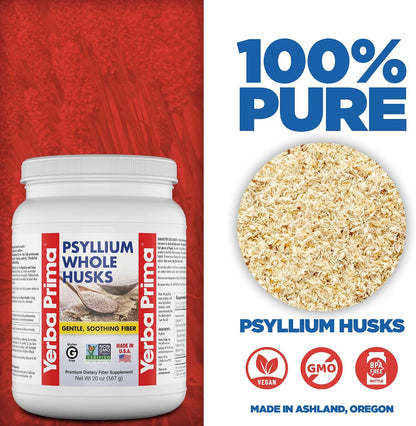 Yerba Prima Psyllium Whole Husks Fiber Supplement 20oz - Colon Cleanse - Gut Health - Vegan Non-GMO Gluten Free