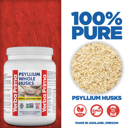 Yerba Prima Psyllium Whole Husks Fiber Supplement 20oz - Colon Cleanse - Gut Health - Vegan Non-GMO Gluten Free
