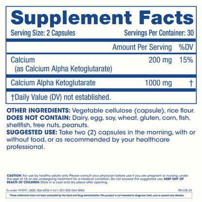 ProHealth, Ca AKG Supplement (Alpha Ketoglutarate) (1,000 mg per 2 Capsule Serving, 60 Capsules). Supports Metabolic Function and Healthy Aging Processes.