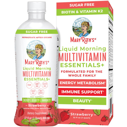 MaryRuth's Liquid Morning Multivitamin Essentials+ | Vitamin A C D E B6 B12 Biotin Zinc | Mens Womens Multivitamin | Immune Support | Beauty | Sugar Free | Vitamins for Ages 1+ | Vegan | 32 Fl Oz