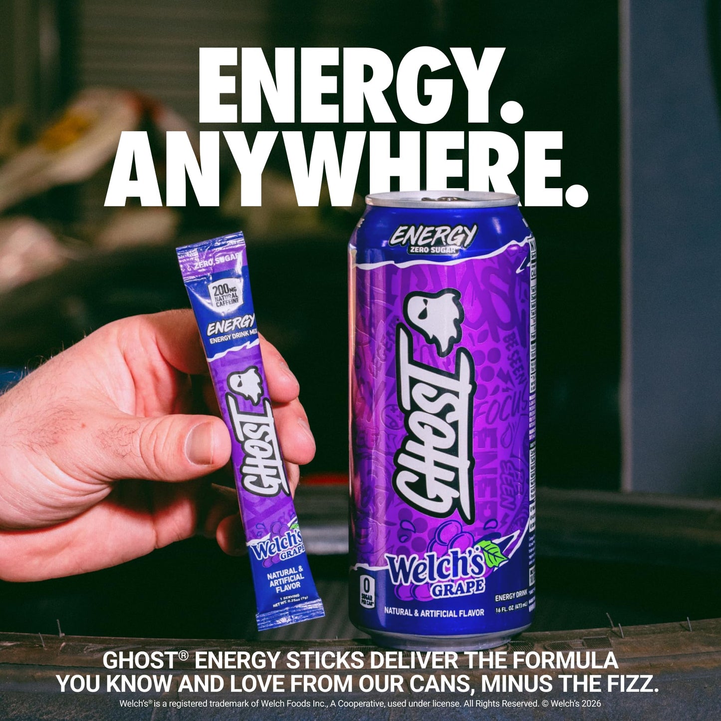 GHOST Sugar-Free Energy Drink Packets, Welch's Grape - 200mg of Natural Caffeine, Daily Vitamins & More, No Artificial Colors - Pre-Workout Energy Drink Mix - 24 On The Go Sticks