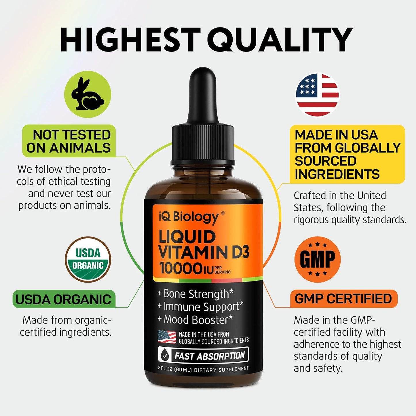Liquid Vitamin D3 10000 IU - USDA Organic Vitamin D Drops for Adults & Kids | Vit D3 with MCT Oil for Better Absorption - Bone & Immunity Support, Dental Health* - 2 Fl Oz (Pack of 1)