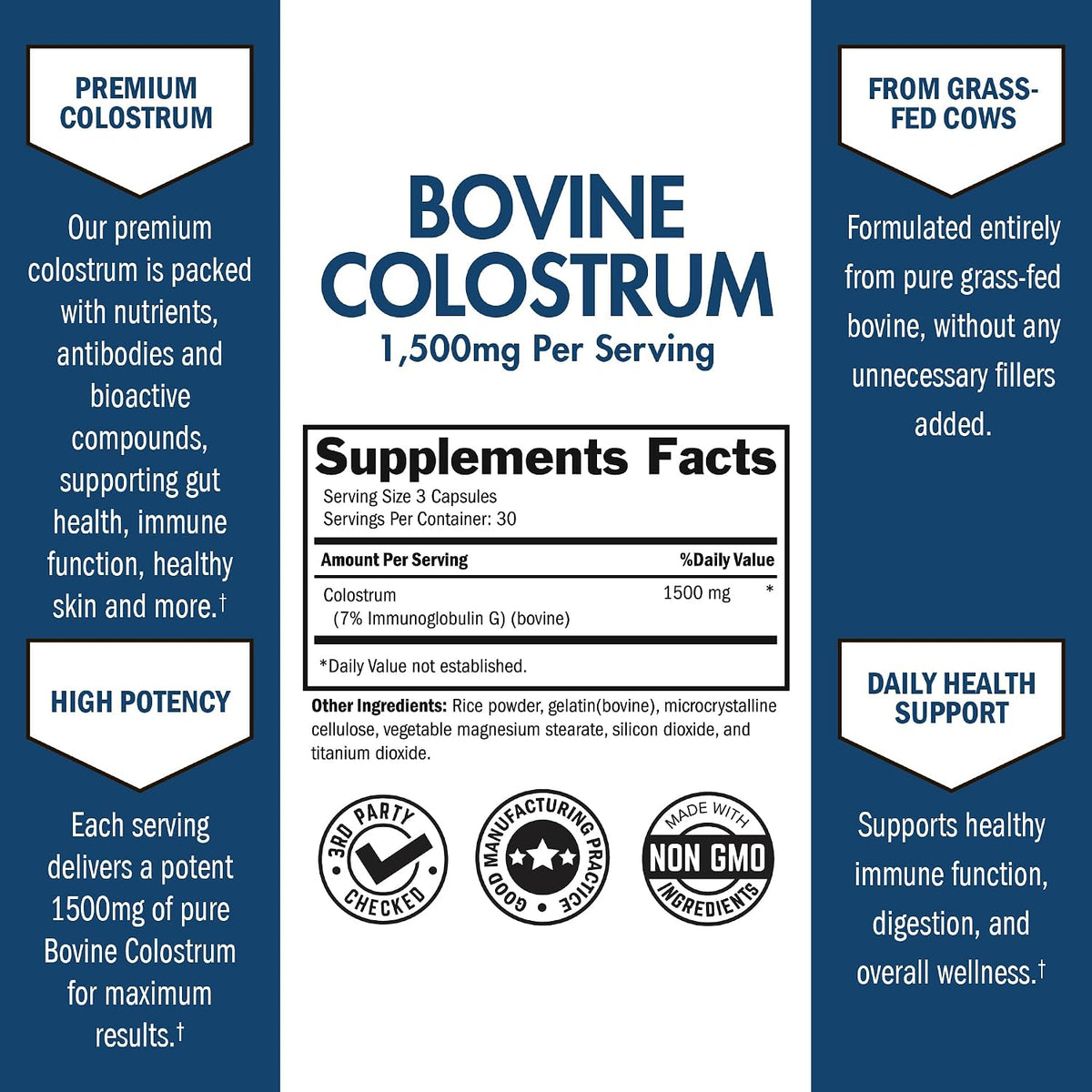 Colostrum Capsules 1500mg Per Serving, Grass-Fed, from First Milking, 90ct