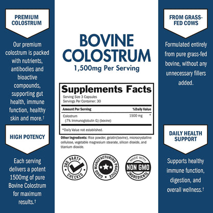 Colostrum Capsules 1500mg Per Serving, Grass-Fed, from First Milking, 90ct