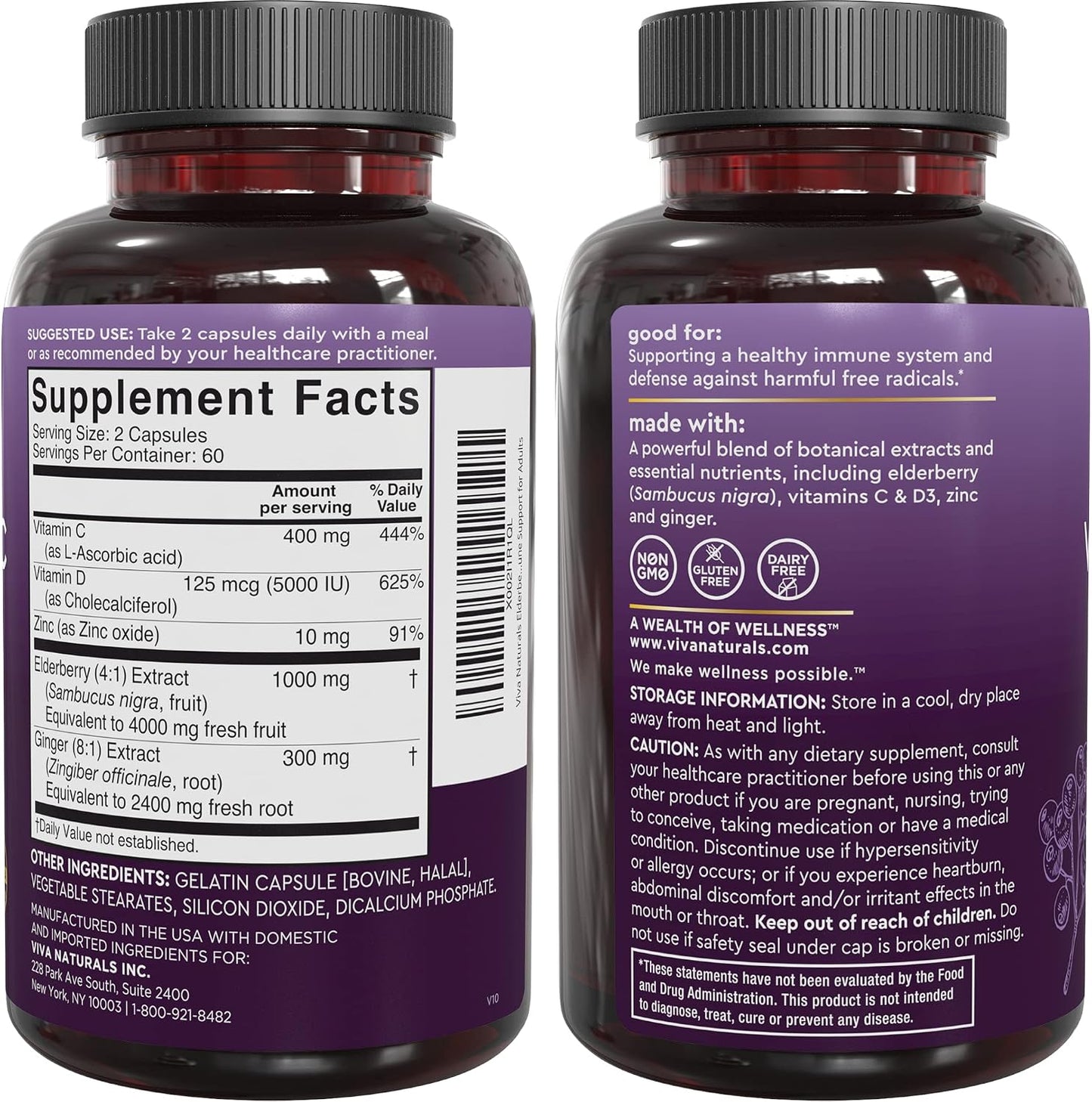 Viva Naturals Elderberry with Vitamin C and Zinc for Adults - 5 in 1 Sambucus Black Elderberry Capsules with Vitamin D3 5000 IU Immunity Supplement, Sambucus Elderberry Immune Support Supplement