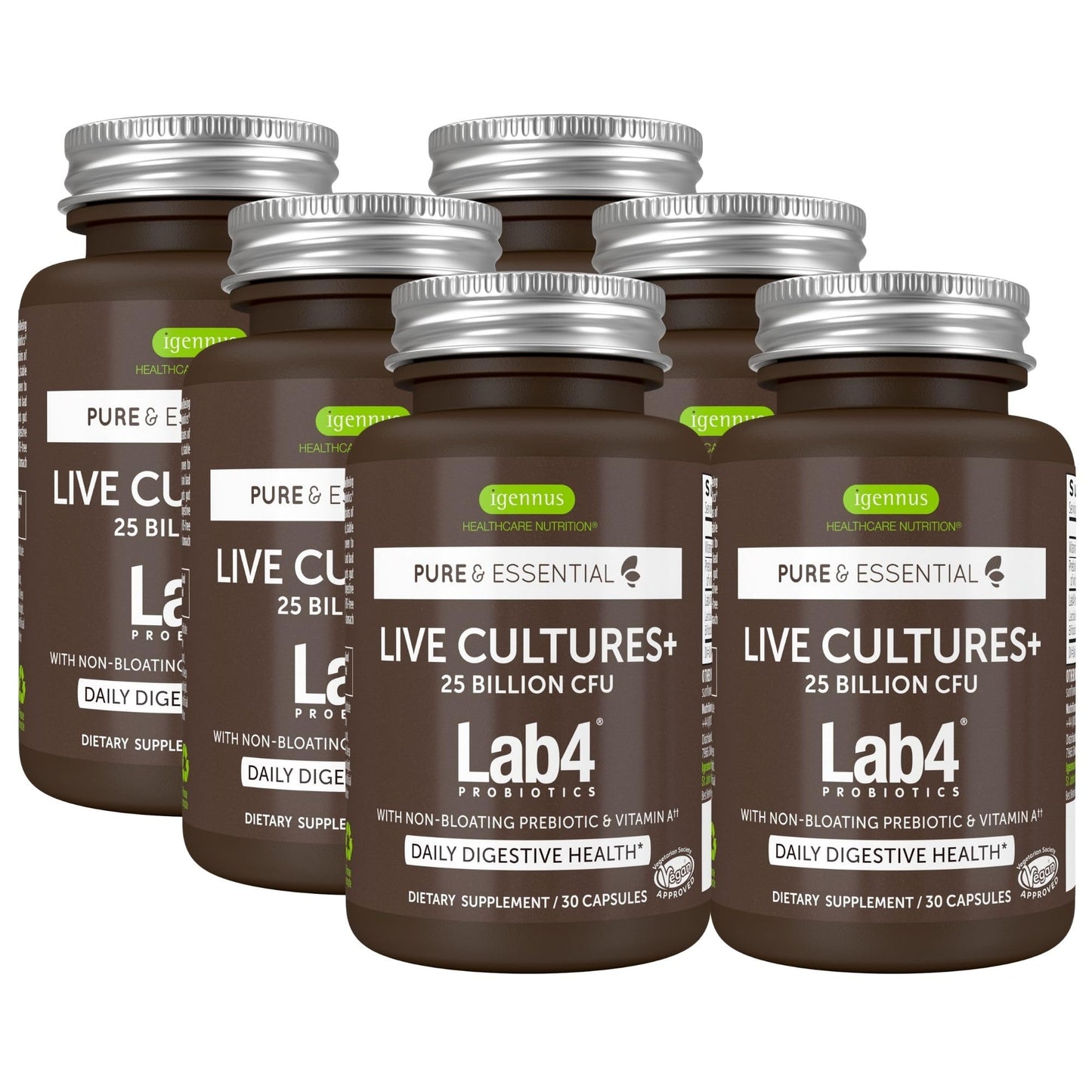 Igennus Live Cultures+ Lab4, Lactobacillus Acidophilus & Bifidobacterium | Lactis & Bifidum, 2 in 1 Probiotics & Prebiotic, 25 Billion CFU, Gut Health Support, Non-Bloating, Non-GMO, 30 Capsules