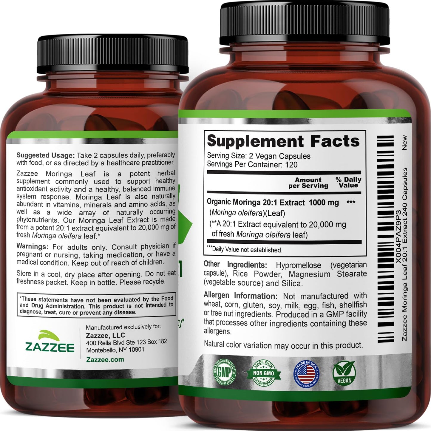 Zazzee USDA Organic Moringa Leaf 20:1 Extract, 180 Vegan Capsules, 3 Month Supply, Certified Kosher, Moringa Oleifera, Antioxidant, Immune & Cellular Support, Superfood Supplement, Made in the USA