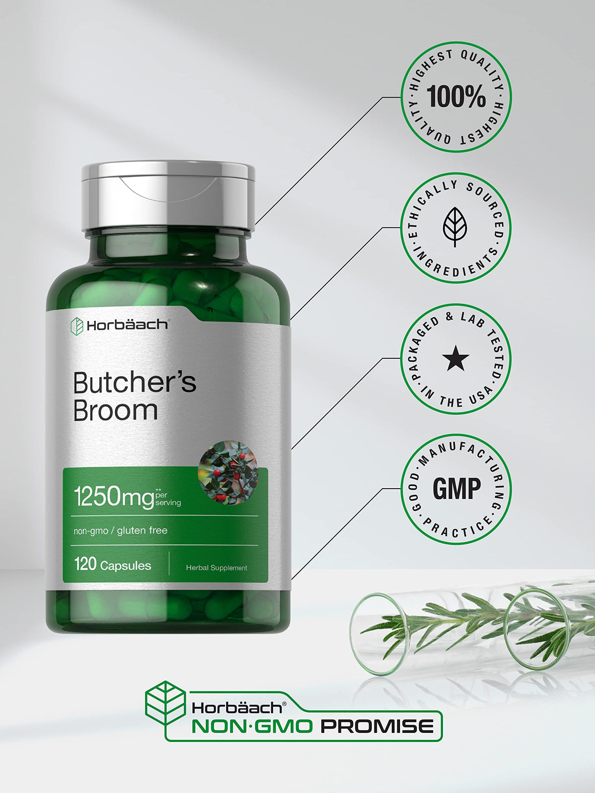 Butchers Broom Capsules 1250mg | 120 Count | Non-GMO, Gluten Free | Traditional Herb