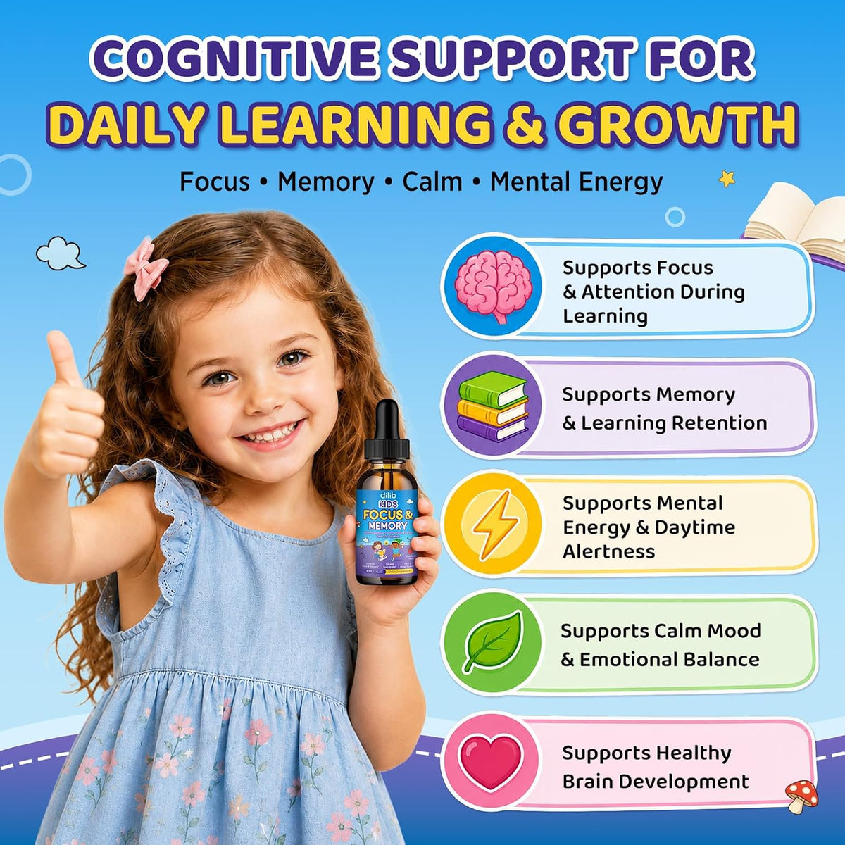 Kids Focus and Attention Drops with Phosphatidylserine, Lion’s Mane Mushroom, Magnesium Glycinate, Omega 3, Bacopa Monnier, Brain Supplements for Memory and Focus, Sleep Clam Mood, Strawberry 2 Fl Oz