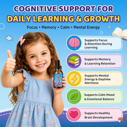 Kids Focus and Attention Drops with Phosphatidylserine, Lion’s Mane Mushroom, Magnesium Glycinate, Omega 3, Bacopa Monnier, Brain Supplements for Memory and Focus, Sleep Clam Mood, Strawberry 2 Fl Oz