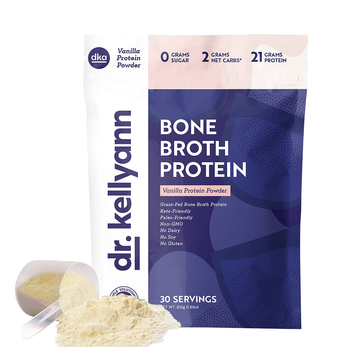 Dr. Kellyann Bone Broth Protein Powder, Vanilla (30 Servings) - Protein 21g, 2g Net Carbs