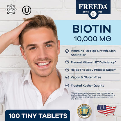 FREEDA Biotin 10,000 mcg Supplement - Tiny Tabs for Hair, Skin & Nails | High-Potency Biotin Supplement with 10,000 mcg to Support Healthy Hair, Skin, and Nails - Easy-To-Swallow Tiny Tablets