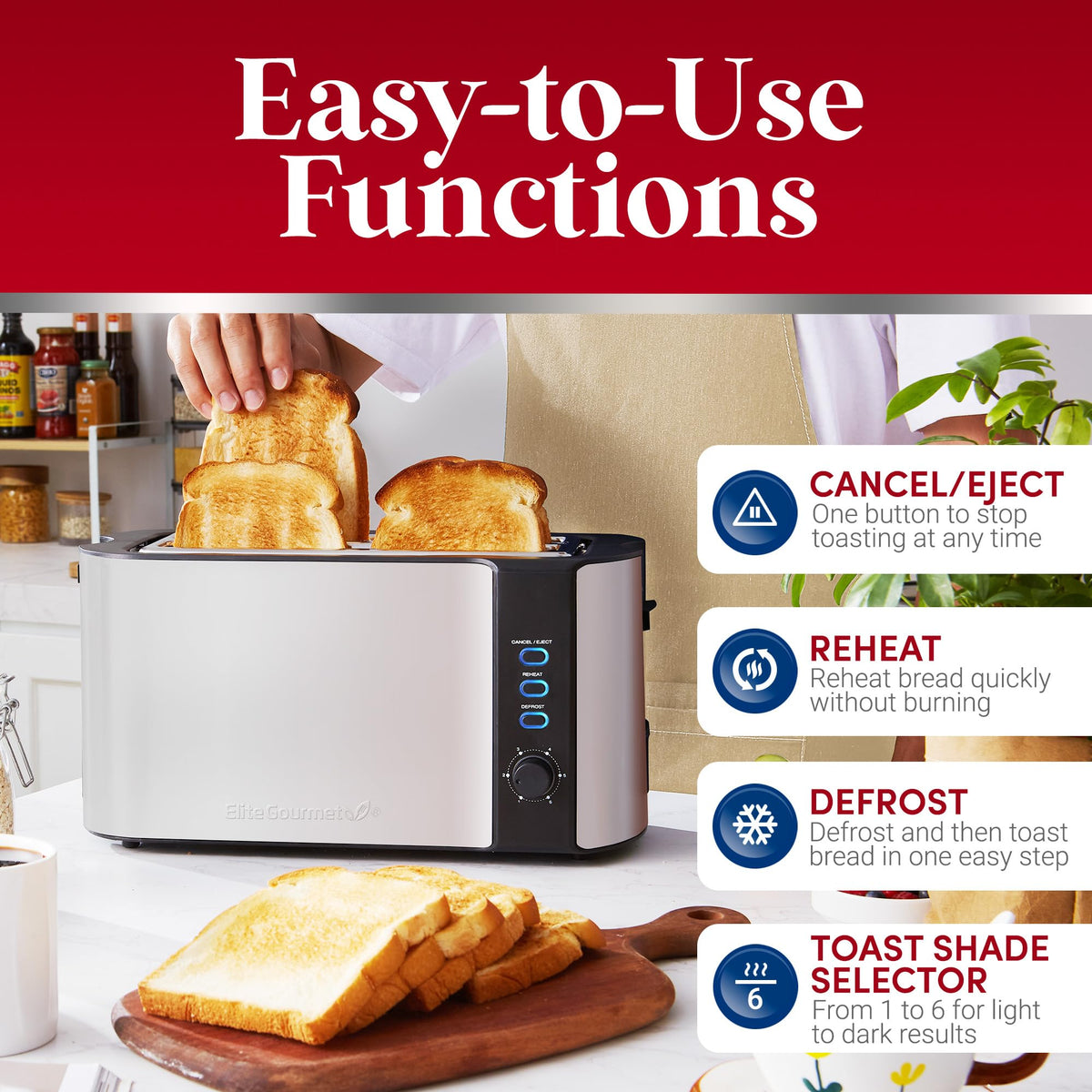 Elite Gourmet ECT-3100 Long Slot 4 Slice Toaster, Reheat, 6 Toast Settings, Defrost