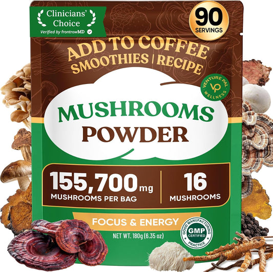 Venture Pal 16 in 1 Mushroom Powder 1730mg Adaptogenic Mushrooms Supplement | 100% Fruiting Body Coffee Alternative with Lion's Mane, Chaga, Reishi, Support Immune, Focus & Energy, 90 Servings