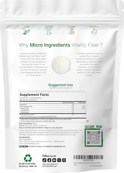 Micro Ingredients Vitality Prebiotic Fiber Powder, 1lb | Easy Mix Powder for Digestive & Gut Health | Daily Prebiotic Soluble Fiber Supplement for Women and Men | Unflavored, Sugar Free & Vegan