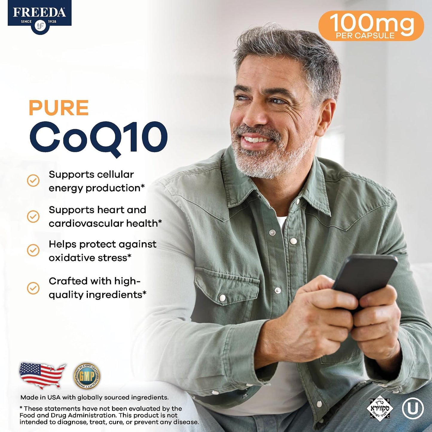 FREEDA CoQ10 100mg - Kosher Coenzyme Q10 Dietary Supplement for Cardiovascular Heart Health, Blood Pressure Support, Oral Gum Health, and Healthy Aging - Pure CoQ10 Capsules, 100 Count | Supports Oral Gum Health, Immune Support, & Healthy Aging – Pure Ant