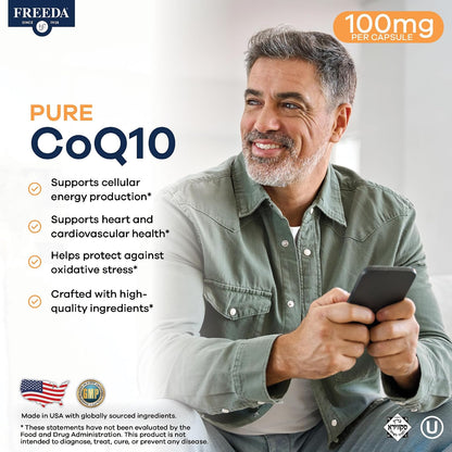 FREEDA CoQ10 100mg - Kosher Coenzyme Q10 Dietary Supplement for Cardiovascular Heart Health, Blood Pressure Support, Oral Gum Health, and Healthy Aging - Pure CoQ10 Capsules, 100 Count | Supports Oral Gum Health, Immune Support, & Healthy Aging – Pure Ant