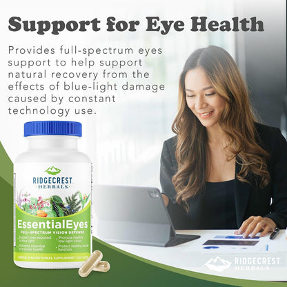 RidgeCrest Herbals EssentialEyes Eye Vitamins for Vision Support 120 Ct | 30 Servings, Lutein, Zeaxanthin, Bilberry Extract, Natural Ocular Health Formula, Vegan Capsules, Daily Use