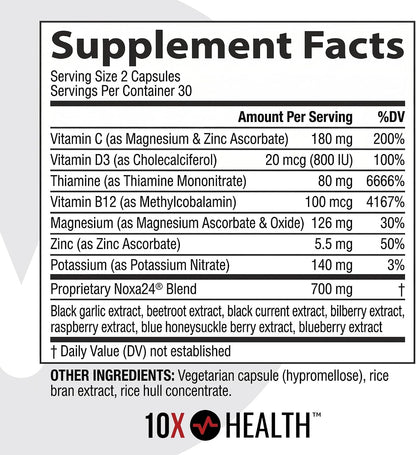 10X Health Nitric Oxide Supplement - 60 Vegan Capsules | Beetroot Extract Supplement: Beetroot Extract & Noxa24, 24-Hour Circulation Support, Vegan
