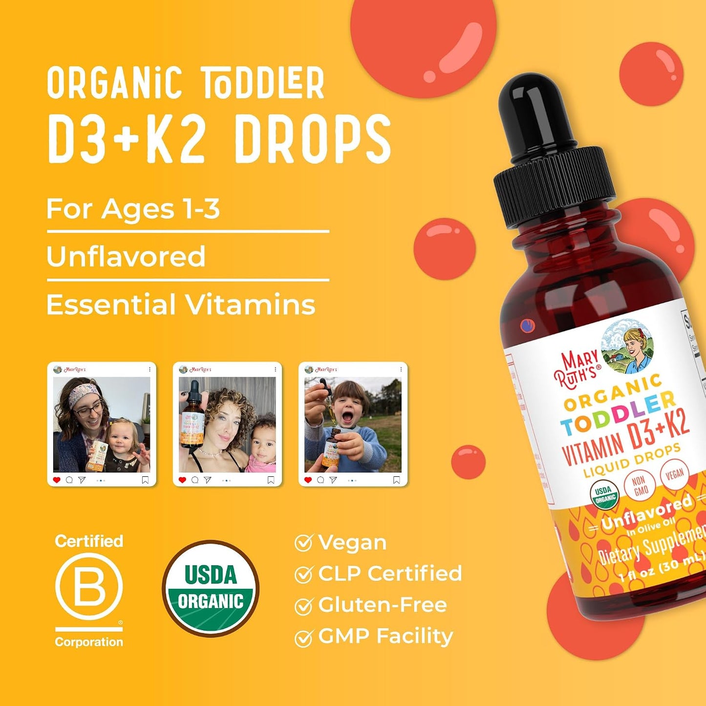 MARYRUTH'S Organics Vitamin D3 | Vitamin K2 | Vitamin D3 K2 Drops | K2 D3 Vitamin Liquid Supplement for Toddlers | Kids Supplement for Calcium Absorption Strong Bones | Vegan | Gluten Free | 1 Fl Oz