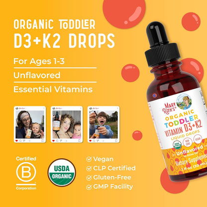 MARYRUTH'S Organics Vitamin D3 | Vitamin K2 | Vitamin D3 K2 Drops | K2 D3 Vitamin Liquid Supplement for Toddlers | Kids Supplement for Calcium Absorption Strong Bones | Vegan | Gluten Free | 1 Fl Oz