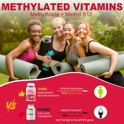 Methylated Multivitamin for Women Gummies, Calcium, D3 K2, Methylfolate & B12, Inositol, Daily Vitamin A C E, B Complex, Biotin, Zinc, Iron -Energy, Immune, Bone, Skin, Hair, Sugar Free, 60Cts