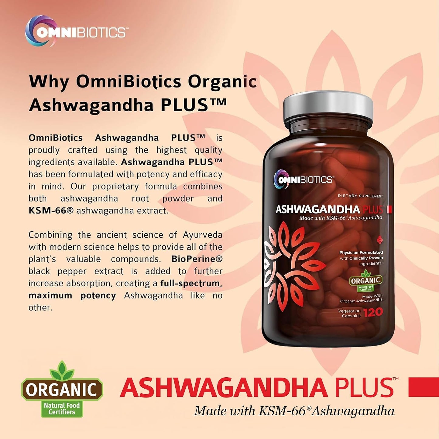 OmniBiotics Organic Ashwagandha Supplement – 1300mg Total Strength – 900mg Organic Root Powder & 400mg KSM-66 Extract – Stress Relief, Mood & Sleep Support – Non-GMO – 120 Vegan Capsules
