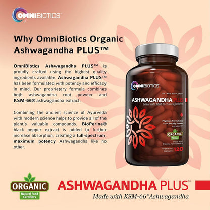 OmniBiotics Organic Ashwagandha Supplement – 1300mg Total Strength – 900mg Organic Root Powder & 400mg KSM-66 Extract – Stress Relief, Mood & Sleep Support – Non-GMO – 120 Vegan Capsules