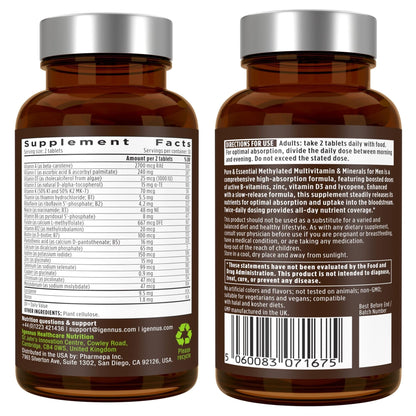 Igennus Methylated Multivitamin for Men with 22 Actives, 60 Tablets | Lycopene for Antioxidant Support, High Potency B12, Sustained Release, Pure & Clean, Non-GMO & Halal