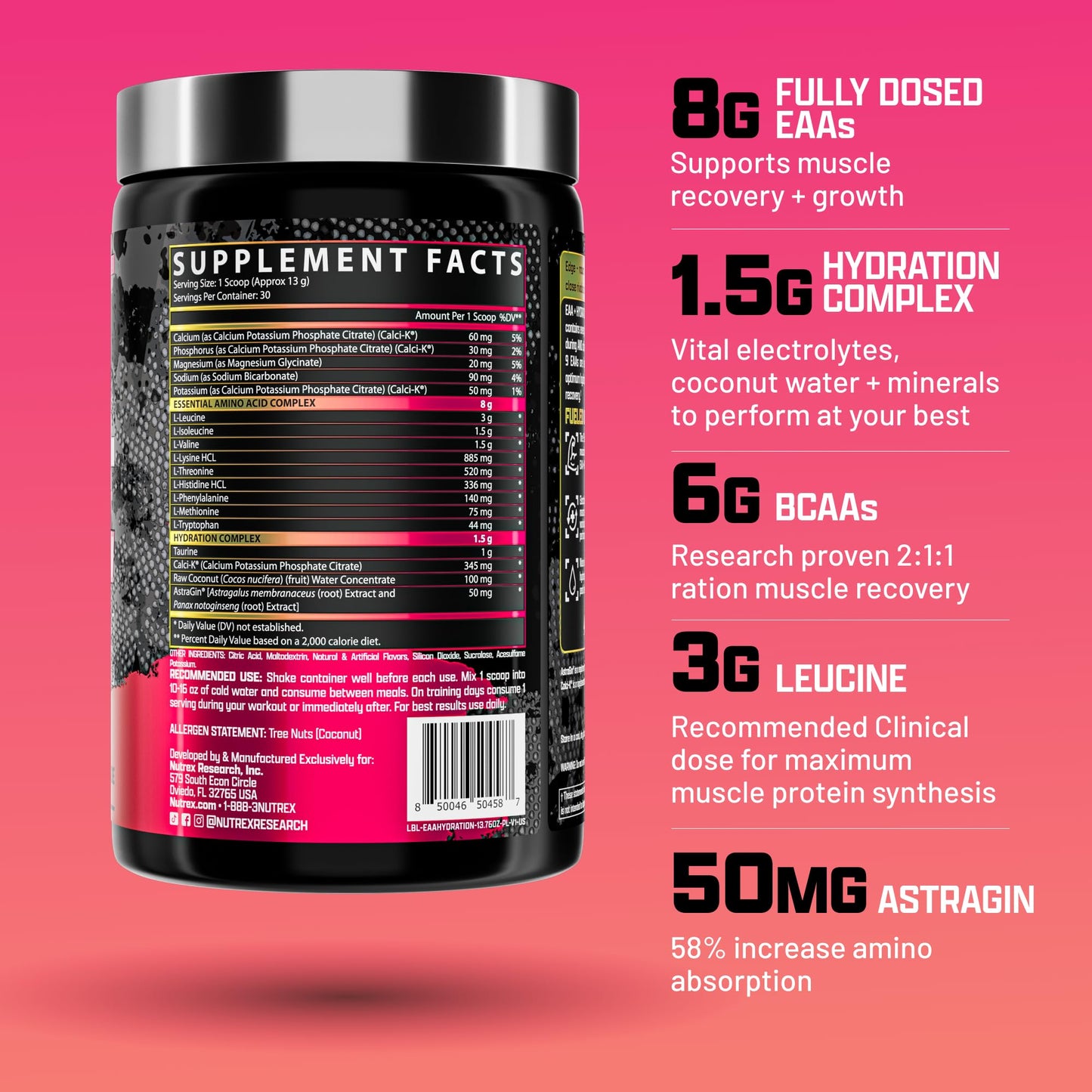 Nutrex Research EAA Hydration | EAAs + BCAA Powder | Muscle Recovery, Strength, Muscle Building, Endurance | 8G Essential Amino Acids + Electrolytes | Strawberry Watermelon 30 Serving