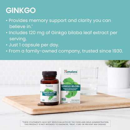 Himalaya Ginkgo Biloba Capsules, 120mg, Ginkgo Biloba Supplements for Brain Memory and Focus Support, Ginkgo Biloba Extract - Vegan, Gluten Free, 60 Capsules