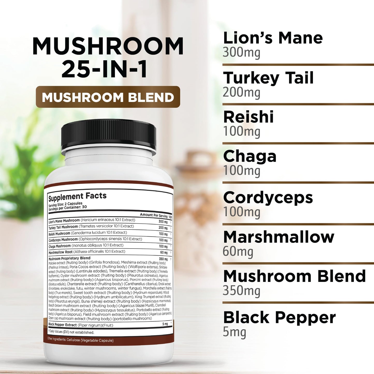 Liberty Lifestyle Lions Mane Mushroom Supplement with Turkey Tail Reishi Cordyceps Chaga with Marshmallow Root - 2-Pack